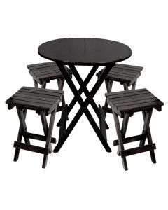 Jogo de Mesa Dobrável de Madeira 60cm Redondo com 4 Banquinhos Dobráveis Preto