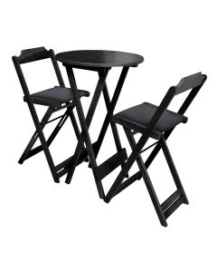 Conjunto Bistro de Madeira Dobrável Redondo 55cm Diâmetro com 2 Cadeiras Preto Estofado Preto