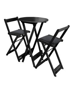 Jogo Bistro de Madeira Dobrável Redondo 55cm Diâmetro com 2 Cadeiras Preto Estofado Preto