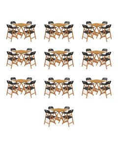 Conjunto 10 Mesas Dobráveis Elegance 70x70 6 Ripas 4 Cadeiras Natural Assento Polipropileno - Preto