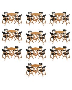 Conjunto 10 Mesas Dobráveis Elegance 70x70 8 Ripas 4 Cadeiras Natural Assento Polipropileno - Preto