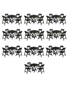 Kit 10 Mesas Dobráveis Elegance 70x70 8 Ripas Madeira 4 Cadeiras Base Preto Polipropileno - Preto