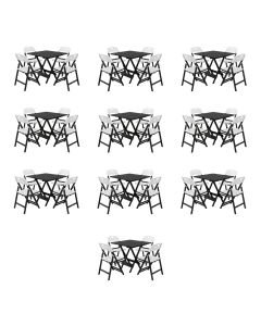 Conjunto 10 Mesas Dobráveis Elegance 70x70 6 Ripas com 4 Cadeiras Preta Assento Polipropileno - Branco