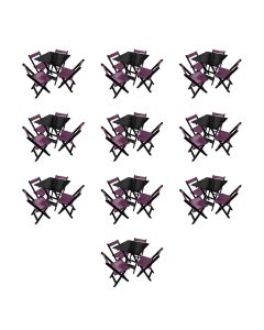 Kit 10 Mesas de Madeira Dobrável Preto 70x70 com 4 Cadeiras Dobráveis Roxo