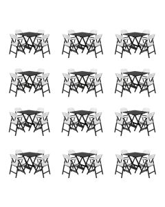 Kit 12 Mesas Dobráveis Elegance 70x70 6 Ripas com 4 Cadeiras Preta Assento Polipropileno - Branco