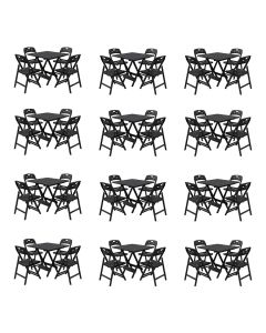 Kit 12 Mesas Dobráveis Elegance 70x70 6 Ripas com 4 Cadeiras Preta Assento Polipropileno - Preto
