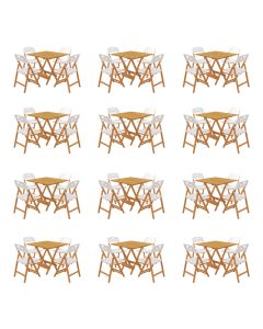 Kit 12 Mesas Dobráveis Elegance 70x70 6 Ripas com 4 Cadeiras Natural Assento Polipropileno - Branco