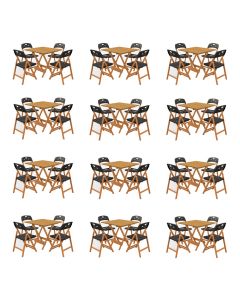 Kit 12 Mesas Dobráveis Elegance 70x70 6 Ripas com 4 Cadeiras Natural Assento Polipropileno - Preto