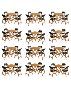 Conjunto 12 Mesas Dobráveis Elegance 70x70 8 Ripas 4 Cadeiras Natural Assento Polipropileno - Preto