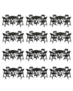 Kit 12 Mesas Dobráveis Elegance 70x70 8 Ripas Madeira 4 Cadeiras Base Preto Polipropileno - Preto