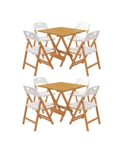 Kit 2 Mesas Dobráveis Elegance 70x70 6 Ripas Madeira com 4 Cadeiras Natural Polipropileno - Branco