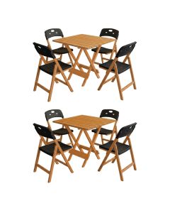 Conjunto 2 Mesas Dobráveis Elegance 70x70 8 Ripas 4 Cadeiras Natural Assento Polipropileno - Preto