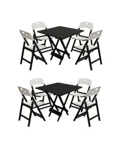 Conjunto 2 Mesas Dobrável Elegance 70x70 8 Ripas 4 Cadeiras Base Preto Assento Polipropileno - Branc