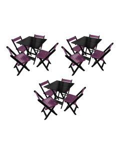 Kit 3 Mesas de Madeira Dobrável Preto 70x70 com 4 Cadeiras Dobráveis Roxo