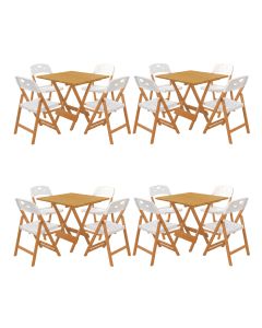 Kit 4 Mesas Dobráveis Elegance 70x70 6 Ripas Madeira com 4 Cadeiras Natural Polipropileno - Branco