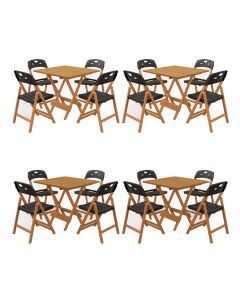 Conjunto 4 Mesas Dobráveis Elegance 70x70 6 Ripas Madeira  4 Cadeiras Natural Polipropileno - Preto