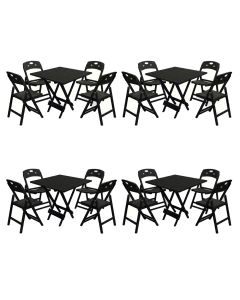 Kit 4 Mesas Dobráveis Elegance 70x70 8 Ripas Madeira 4 Cadeiras Base Preto Polipropileno - Preto