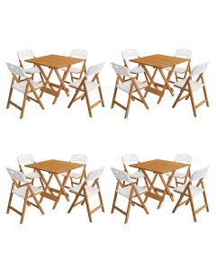 Kit 4 Mesas Dobráveis Elegance 70x70 8 Ripas 4 Cadeiras Natural Assento Polipropileno - Branco