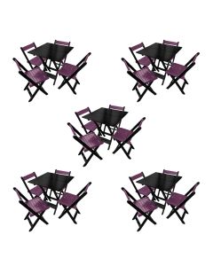 Kit 5 Mesas de Madeira Dobrável Preto 70x70 com 4 Cadeiras Dobráveis Roxo