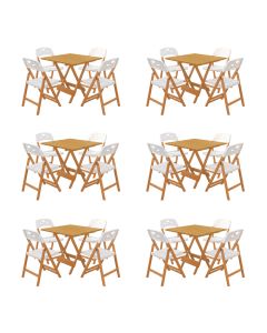 Kit 6 Mesas Dobráveis Elegance 70x70 6 Ripas Madeira com 4 Cadeiras Natural Polipropileno - Branco