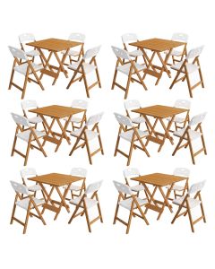 Kit 6 Mesas Dobráveis Elegance 70x70 8 Ripas 4 Cadeiras Natural Assento Polipropileno - Branco