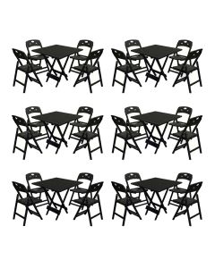 Kit 6 Mesas Dobráveis Elegance 70x70 8 Ripas Madeira 4 Cadeiras Base Preto Polipropileno - Preto