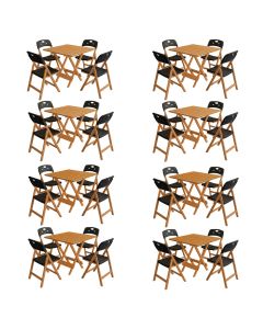 Conjunto 8 Mesas Dobráveis Elegance 70x70 8 Ripas 4 Cadeiras Natural Assento Polipropileno - Preto