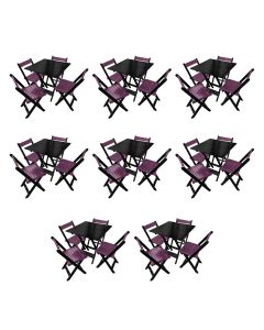 Kit 8 Mesas de Madeira Dobrável Preto 70x70 com 4 Cadeiras Dobráveis Roxo