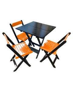 Mesa de Madeira Dobrável Preto 70x70 com 3 Cadeiras Dobráveis Laranja