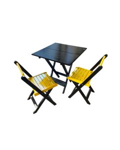 Mesa de Madeira Dobrável Preto 70x70 com 2 Cadeiras Dobráveis Amarelo