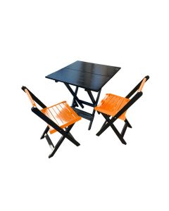 Mesa de Madeira Dobrável Preto 70x70 com 2 Cadeiras Dobráveis Laranja