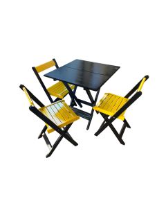 Mesa de Madeira Dobrável Preto 70x70 com 3 Cadeiras Dobráveis Amarelo