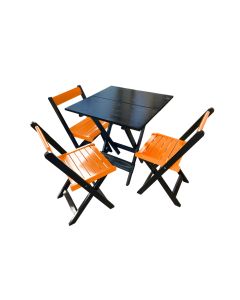 Mesa de Madeira Dobrável Preto 70x70 com 3 Cadeiras Dobráveis Laranja