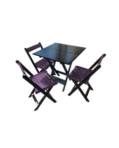 Mesa de Madeira Dobrável Preto 70x70 com 3 Cadeiras Dobráveis Roxo