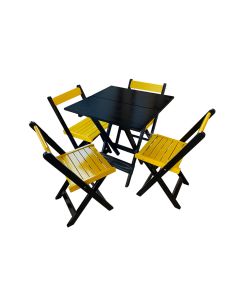 Mesa de Madeira Dobrável Preto 70x70 com 4 Cadeiras Dobráveis Amarelo