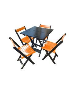 Mesa de Madeira Dobrável Preto 70x70 com 4 Cadeiras Dobráveis Laranja