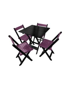 Mesa de Madeira Dobrável Preto 70x70 com 4 Cadeiras Dobráveis Roxo