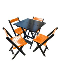 Mesa de Madeira Dobrável Preto 70x70 com 4 Cadeiras Dobráveis Laranja