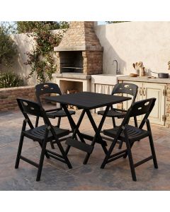 Mesa Dobrável 70x70 6 Ripas Madeira com 4 Cadeiras Preta com Assento Polipropileno - Preto
